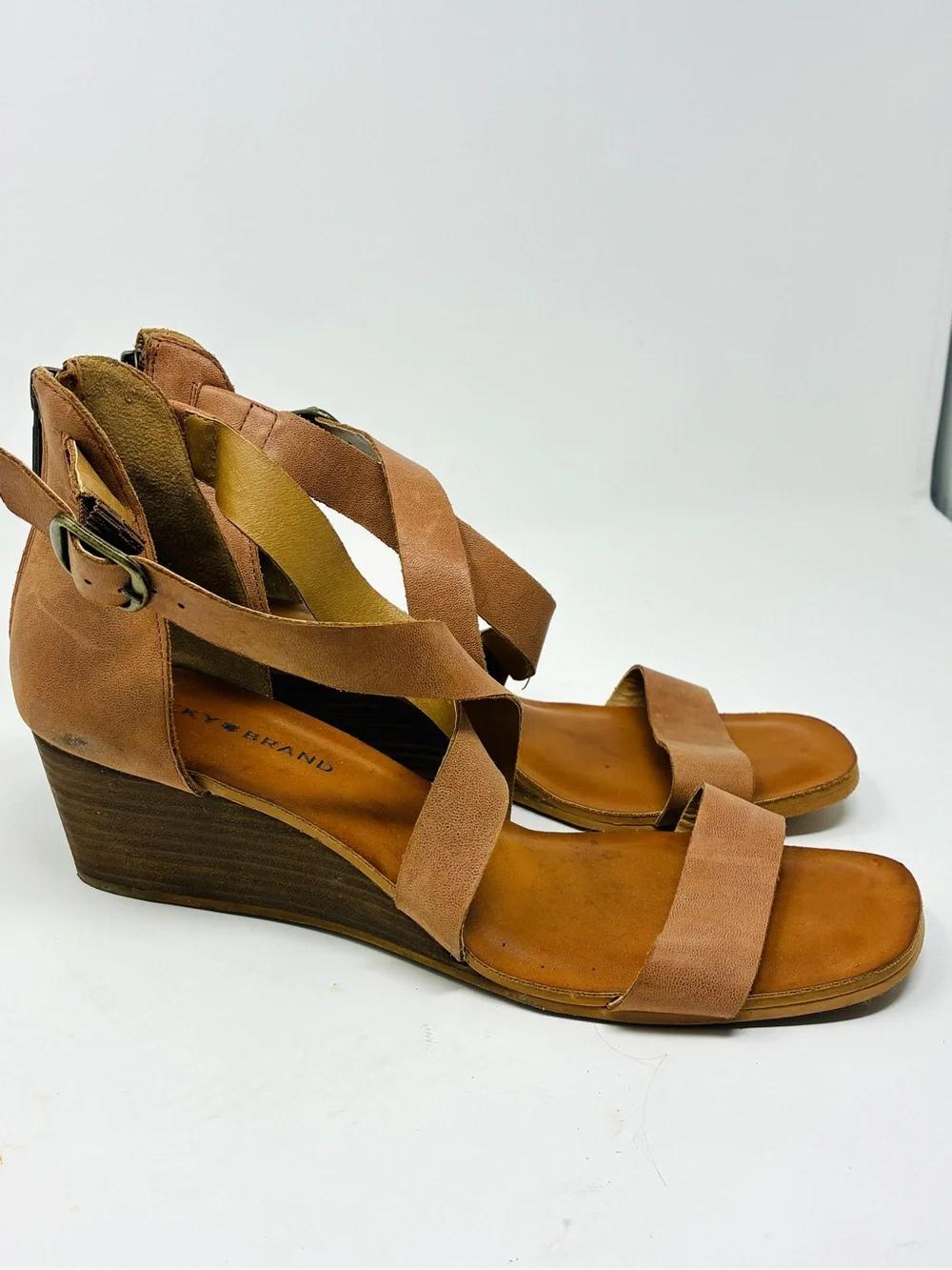 Lucky Brand Wedge Strappy Sandals in Tan Genuine Leather